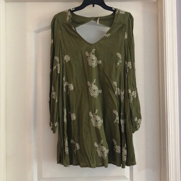 Free People Dresses & Skirts - Free People Olive Green Mini Dress with Cream Floral Embroidery